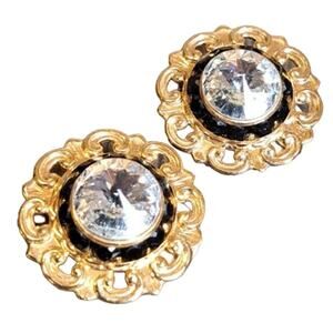 Vintage 80s Earrings Glass Center Dark Crystal Halo Gold Tone Metal Accent Edge
